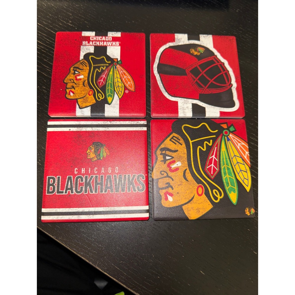 Chicago Blackhawks NHL‎ Drink Coasters Set of 4 Cork Backed Red Black Brand New